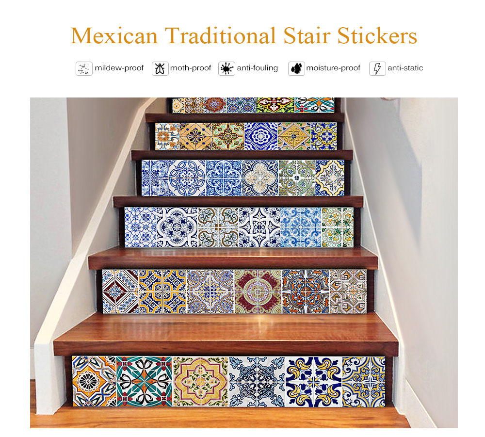 DIY Tile Decals Mexican Traditional Stair Stickers Removeable Waterproof Wallpaper Home Decor 7.1 x 39.4 inch 6pcs