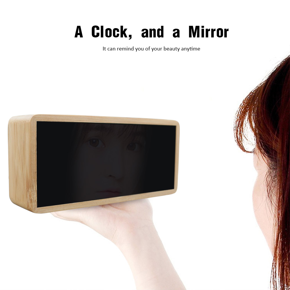 Bamboo Wooden Alarm Clock LED Display with Mirror Temperature Digital Watch